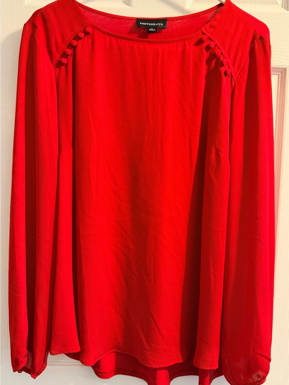 Fortune+IvyRed Long-Sleeve Round-Neck Blouse with Button Trim